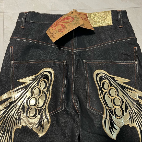 Raw Blue Denim Y2K Baggy Shorts Jorts Cyber Wings Affliction 32 - Picture 3 of 9